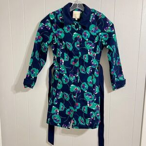 ModCloth Retro Delightful Directions‎ Poppy Floral Trench Coat Button Up Belt M